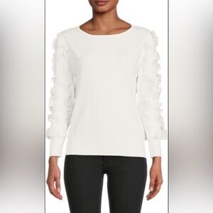 Sioni Milano Jewel Neck Women's White Sweater has Fringe Trim Bishop Sleeves Med